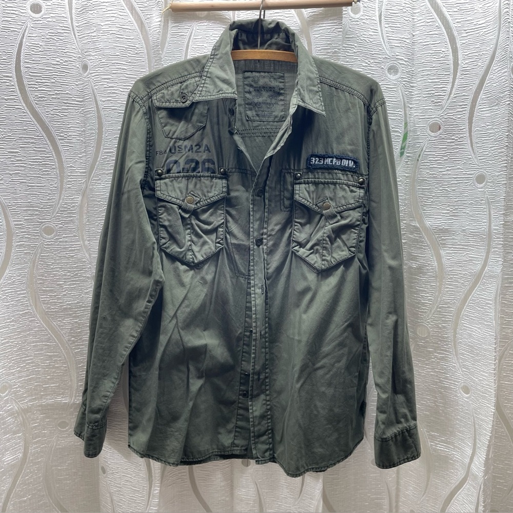 Modern Culture Military Shirt Mens Medium Olive‎ Green Utility Roll-Tab Sleeve